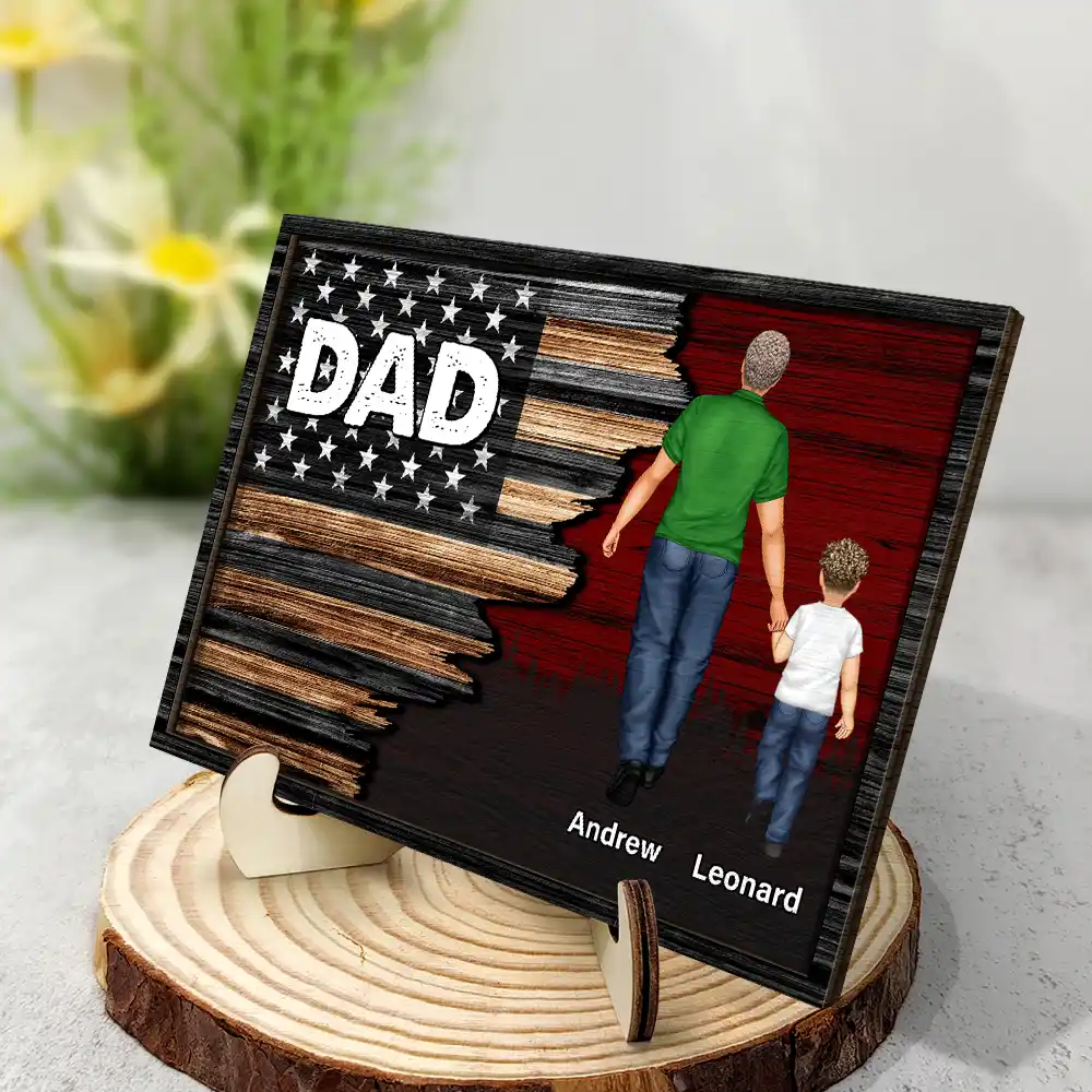 Nation Flag Dad Grandpa Walking With Kids - Personalized 2-Layered Wooden Plaque With Stand - Image 2