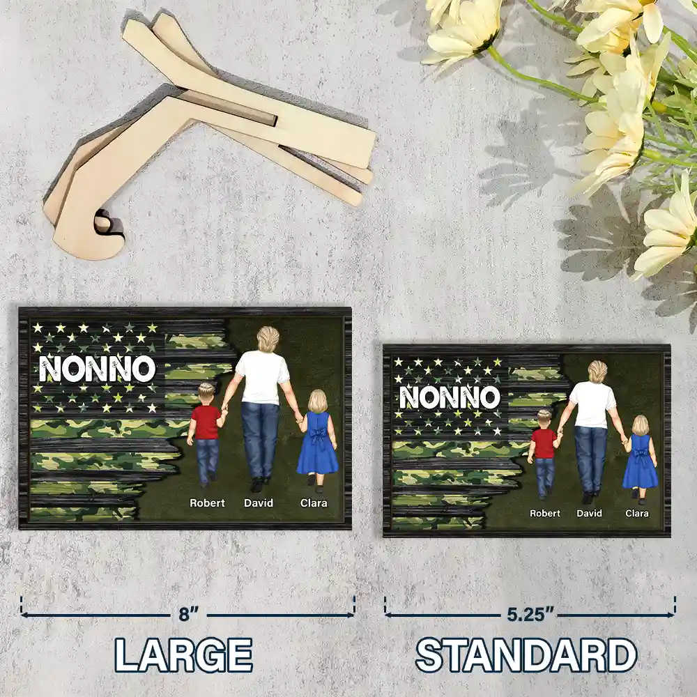 Nation Flag Dad Grandpa Walking With Kids - Personalized 2-Layered Wooden Plaque With Stand - Image 5