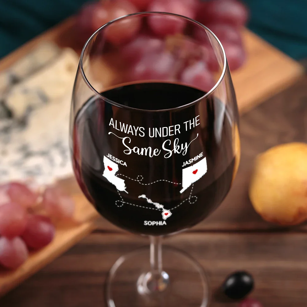 Never Too Far To Drink Together Besties Sisters - Personalized Wine Glass - Image 3