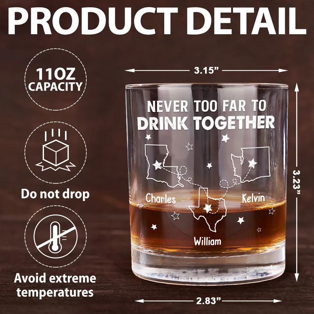Never Too Far To Drink Together - Personalized Whiskey Glass - Image 5