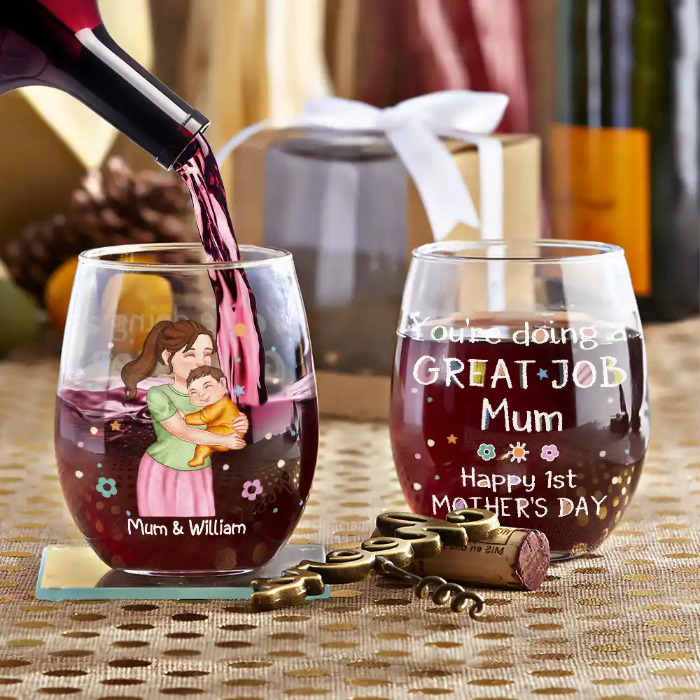 New Mom And Baby You're Doing A Great Job Mommy - Personalized Stemless Wine Glass - Image 4