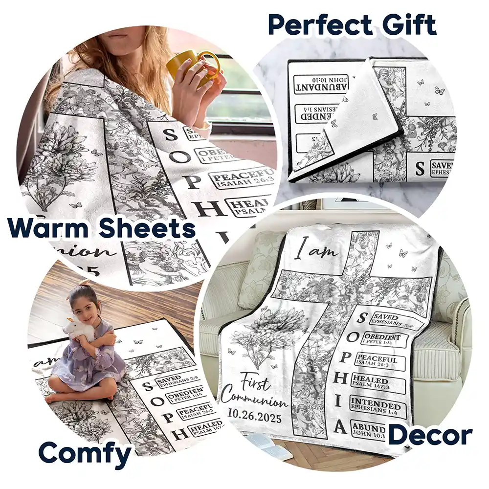 Newborn Baby Baptized Dedicated Christened First Communion - Personalized Fleece Blanket, Sherpa Blanket - Image 7