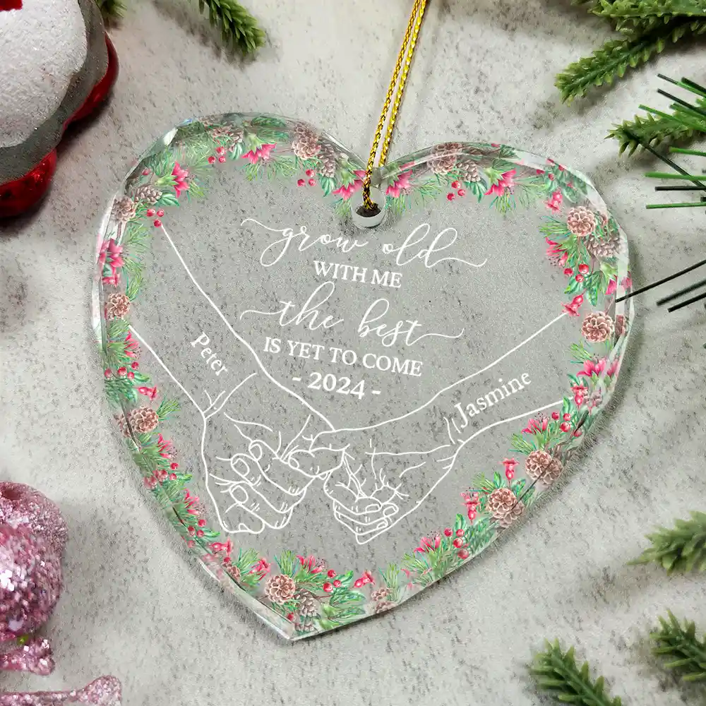 Newly Engaged Couple Holding Hands The Best Is Yet To Come - Personalized Heart Shaped Glass Ornament - Image 4