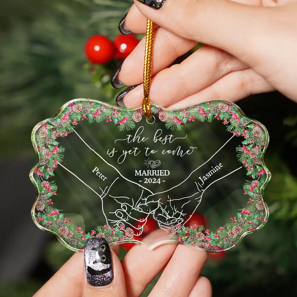 Newly Engaged Couple Holding Hands The Best Is Yet To Come - Personalized Medallion Glass Ornament - Image 2