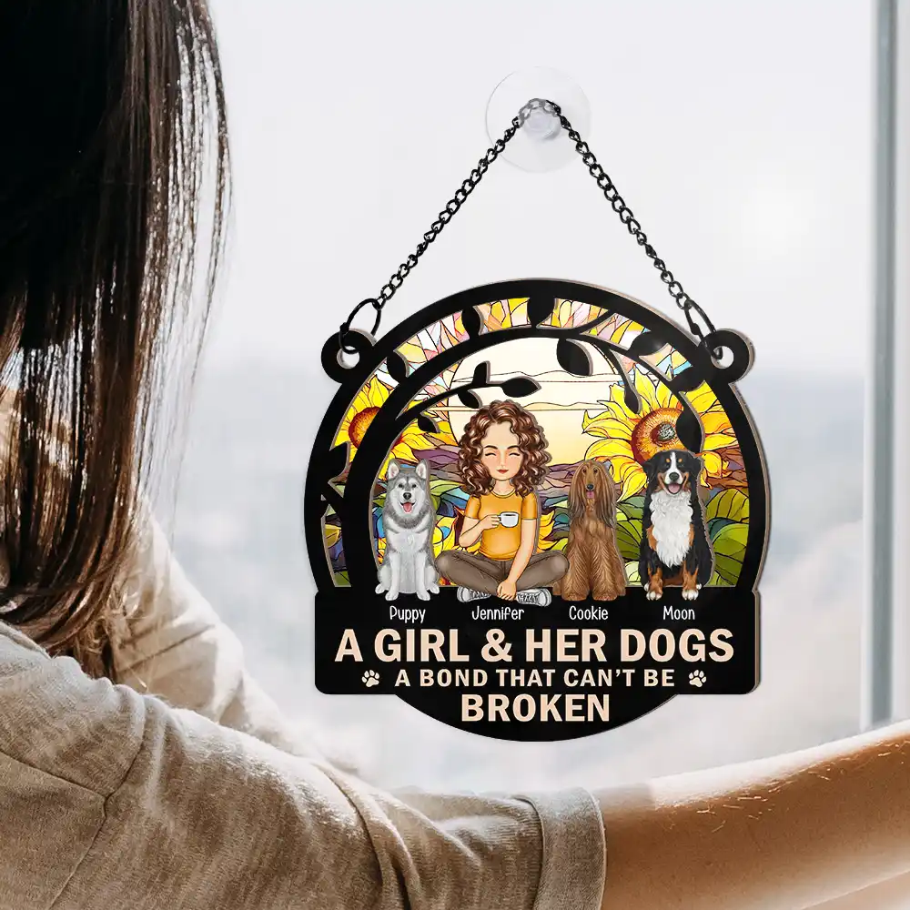 Night Sky A Girl And Her Dog Cartoon Woman With Pet - Personalized Window Hanging Suncatcher Ornament - Image 4