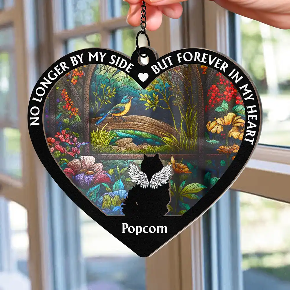 No Longer By My Side Dog Cat Memorial Heart - Personalized Window Hanging Suncatcher Ornament - Image 2