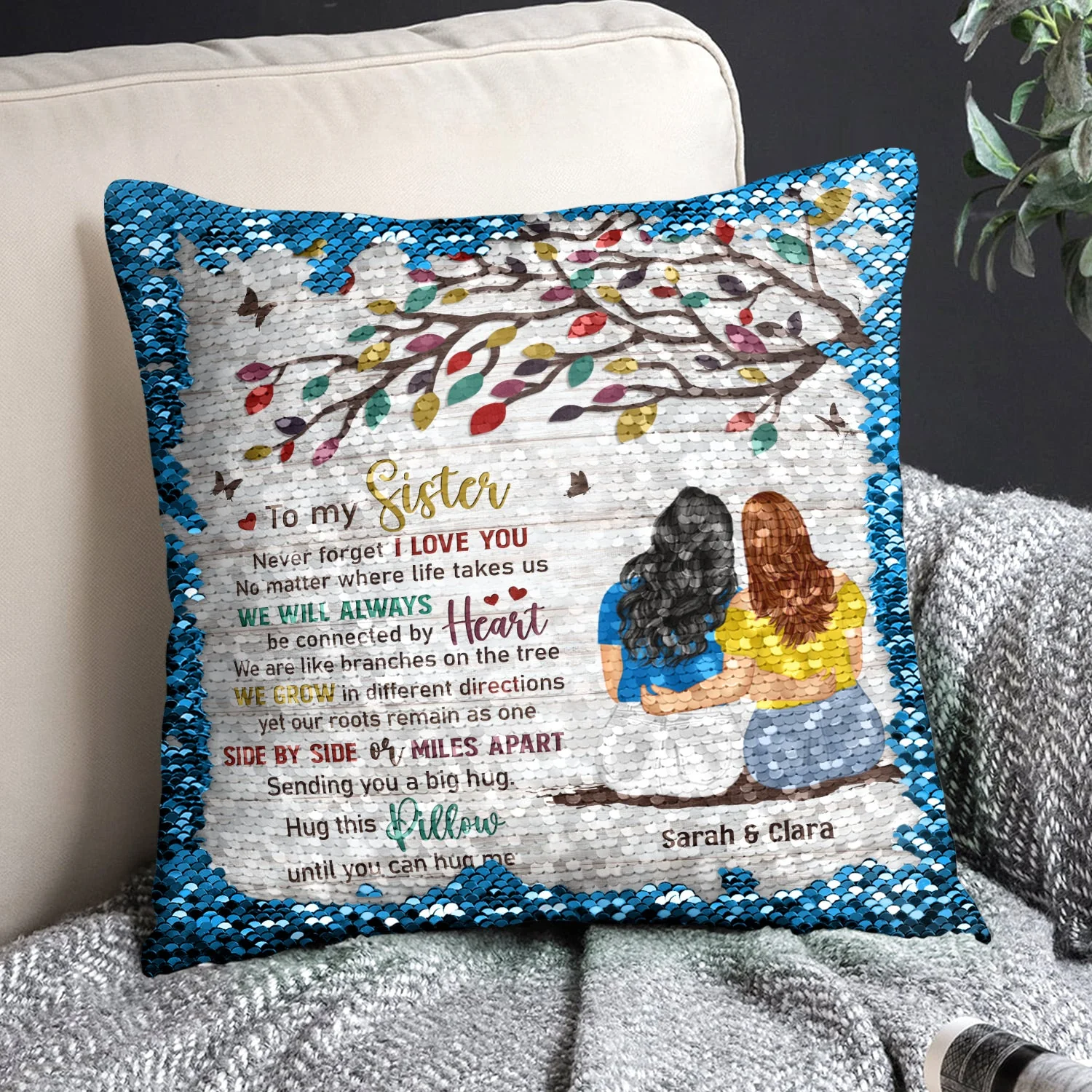No Matter Where Life Takes Us - Gift For Sisters, Siblings - Personalized Sequin Pillow, Mermaid Sequin Cushion Magic Reversible Throw Pillow - Image 2