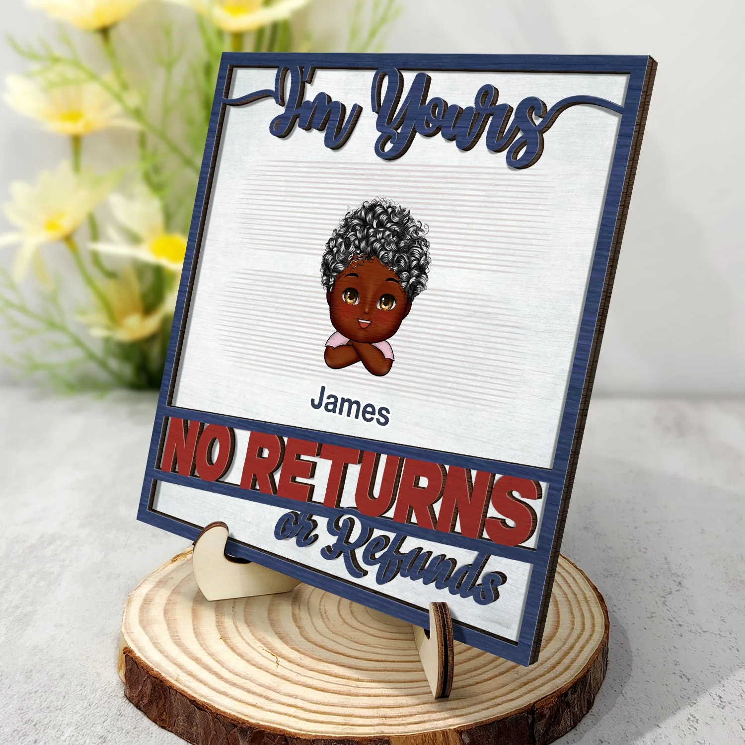 No Returns Or Refunds Chibi Grandkids - Funny Gift For Dad, Mom, Grandma, Grandpa - Personalized 2-Layered Wooden Plaque With Stand - Image 2