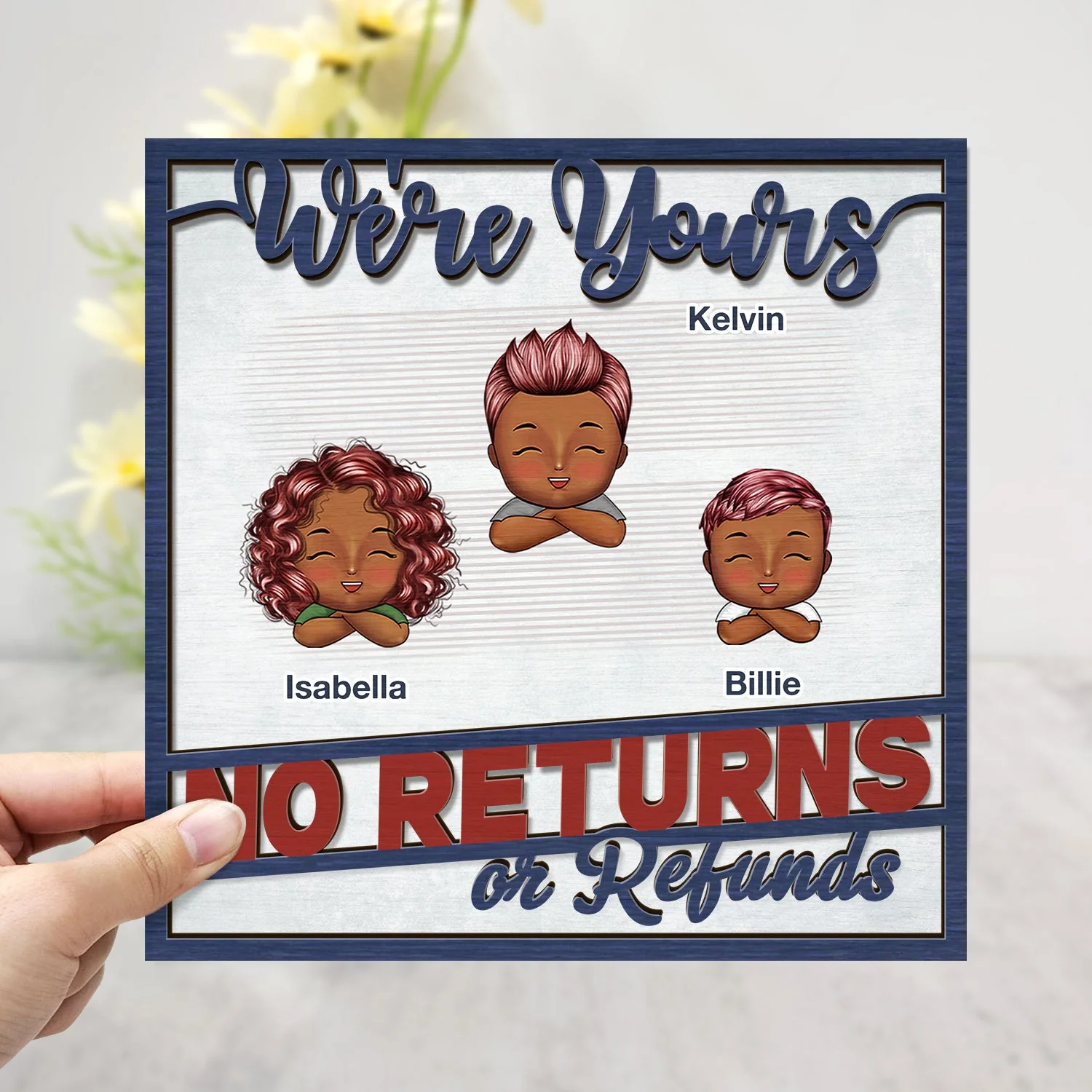 No Returns Or Refunds Chibi Grandkids - Funny Gift For Dad, Mom, Grandma, Grandpa - Personalized 2-Layered Wooden Plaque With Stand - Image 3