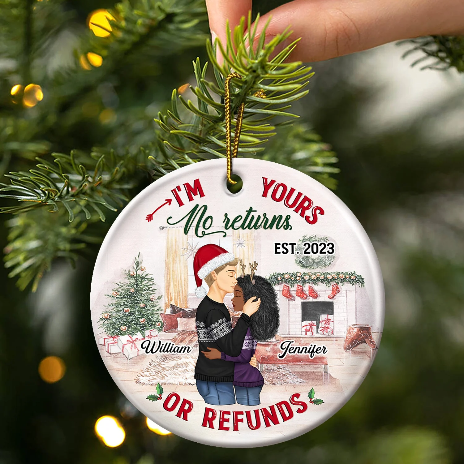 No Returns Or Refunds - Christmas Gift For Couples - Personalized Custom Circle Ceramic Ornament - Image 3