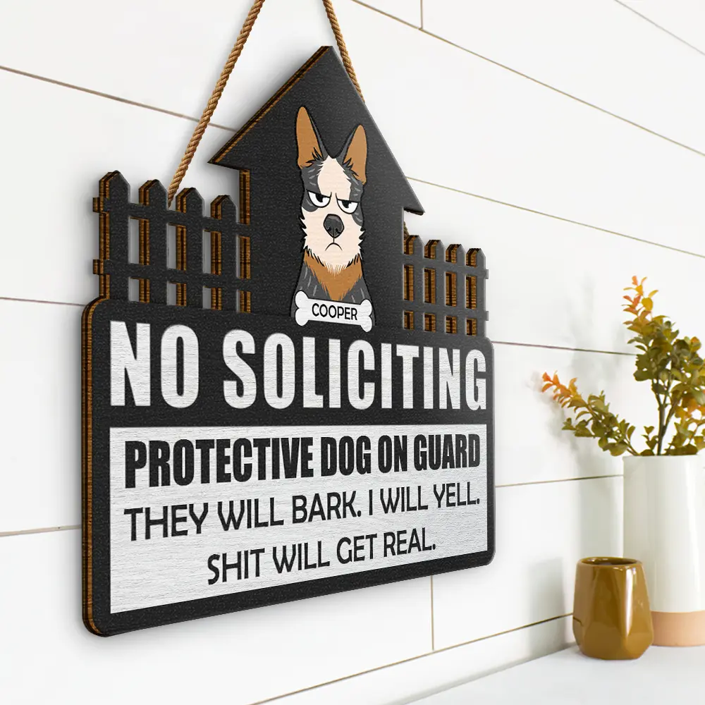 No Soliciting Protective Dogs On Guard - Personalized Custom Shaped Wood Sign - Image 2
