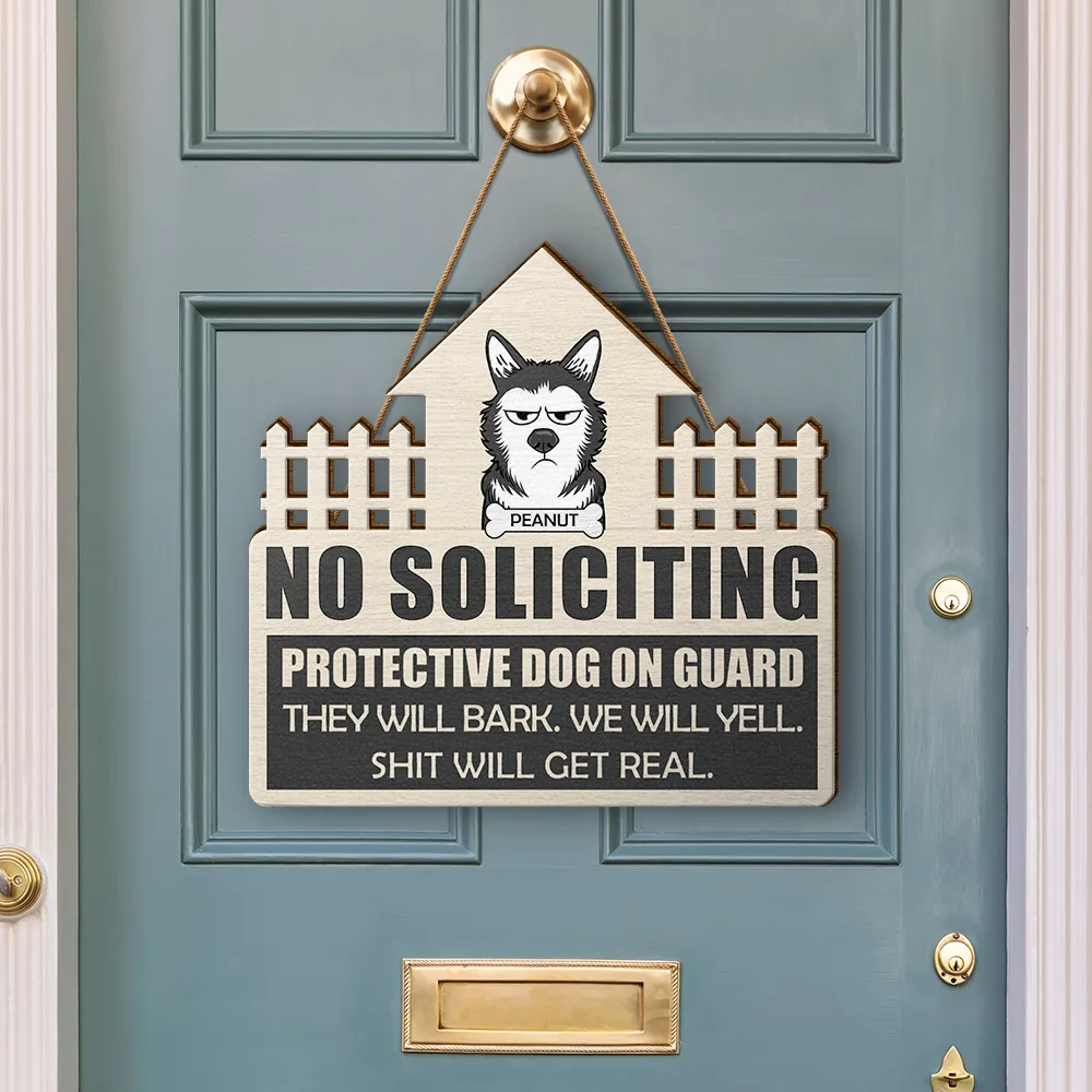 No Soliciting Protective Dogs On Guard - Personalized Custom Shaped Wood Sign - Image 3