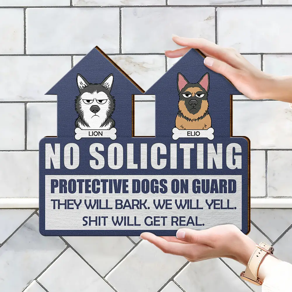 No Soliciting Protective Dogs On Guard - Personalized Custom Shaped Wood Sign - Image 4