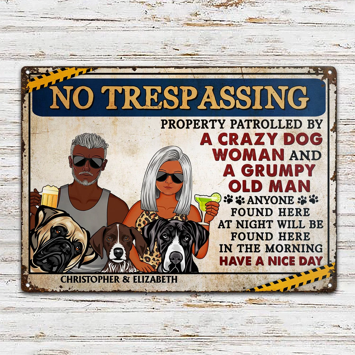 No Trespassing Property Patrolled By Crazy Dog Lady And A Grumpy Old Man - Home Decor, Backyard Decor, Couple Gift For Dog Lovers & Cat Lovers - Personalized Custom Classic Metal Signs - Image 2