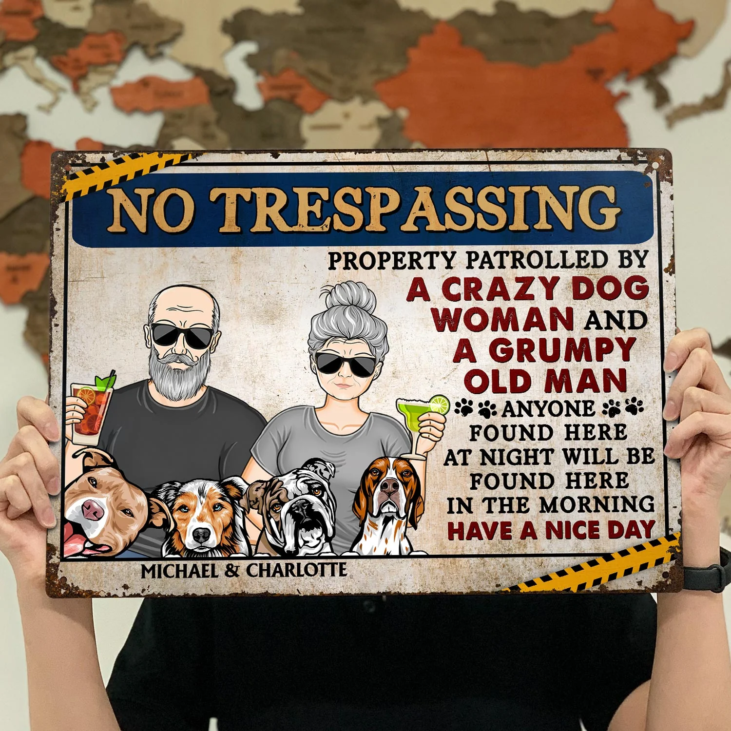 No Trespassing Property Patrolled By Crazy Dog Lady And A Grumpy Old Man - Home Decor, Backyard Decor, Couple Gift For Dog Lovers & Cat Lovers - Personalized Custom Classic Metal Signs - Image 4