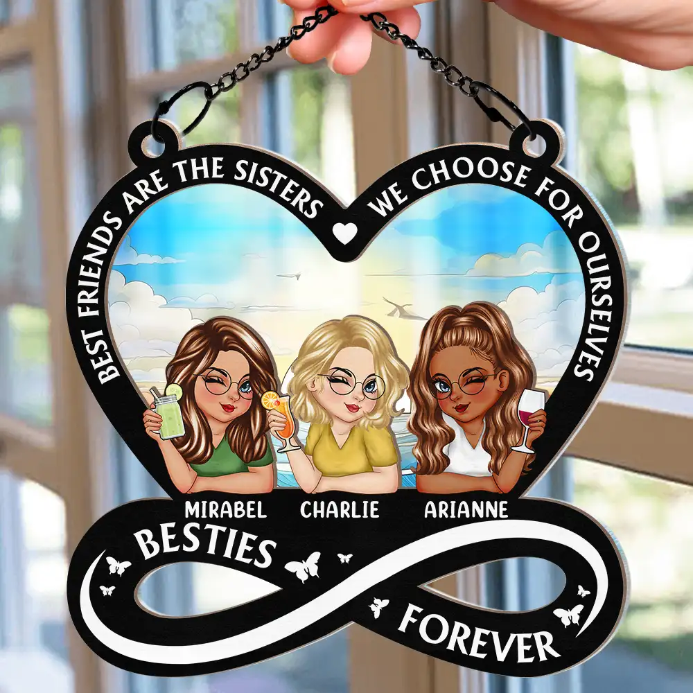 Not Sisters By Blood But Sisters By Heart Cartoon Woman - Personalized Window Hanging Suncatcher Ornament - Image 2