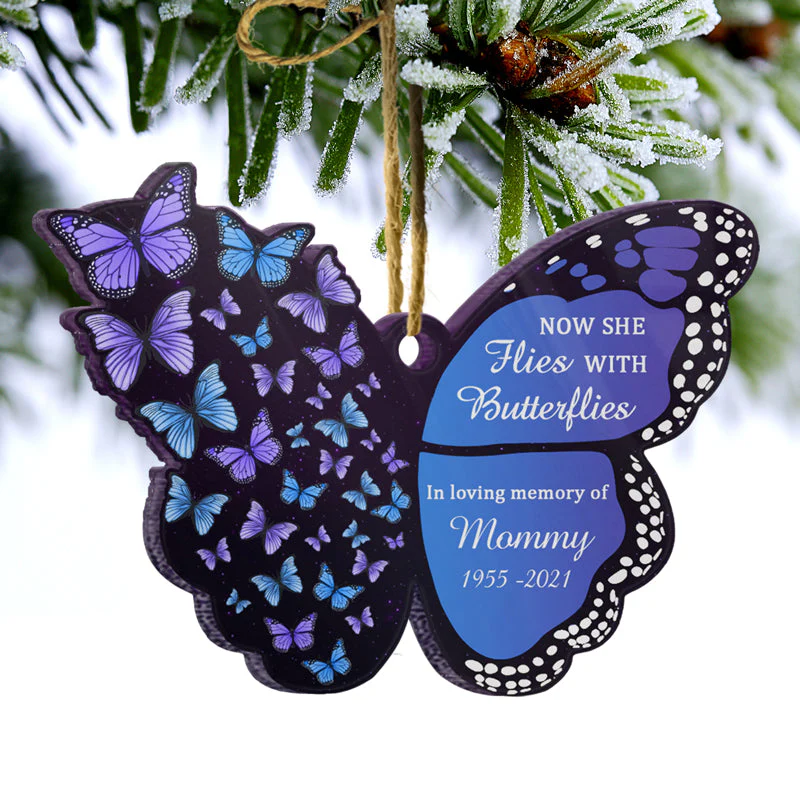 Now She Flies With Butterflies - Memorial Gift - Personalized Custom Butterfly Acrylic Ornament - Image 3