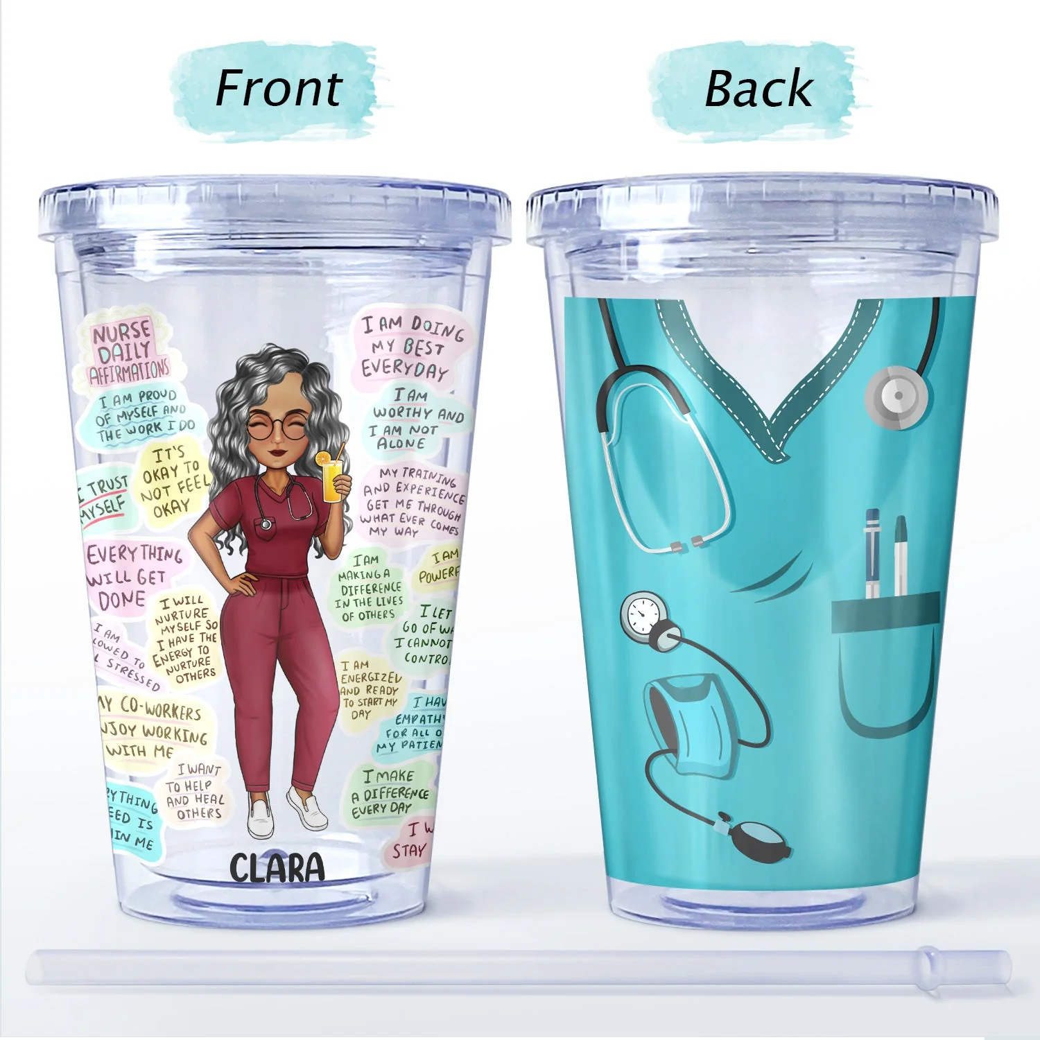 Nurse Daily Affirmation - Gift For Nurse - Personalized Acrylic Insulated Tumbler With Straw - Image 4