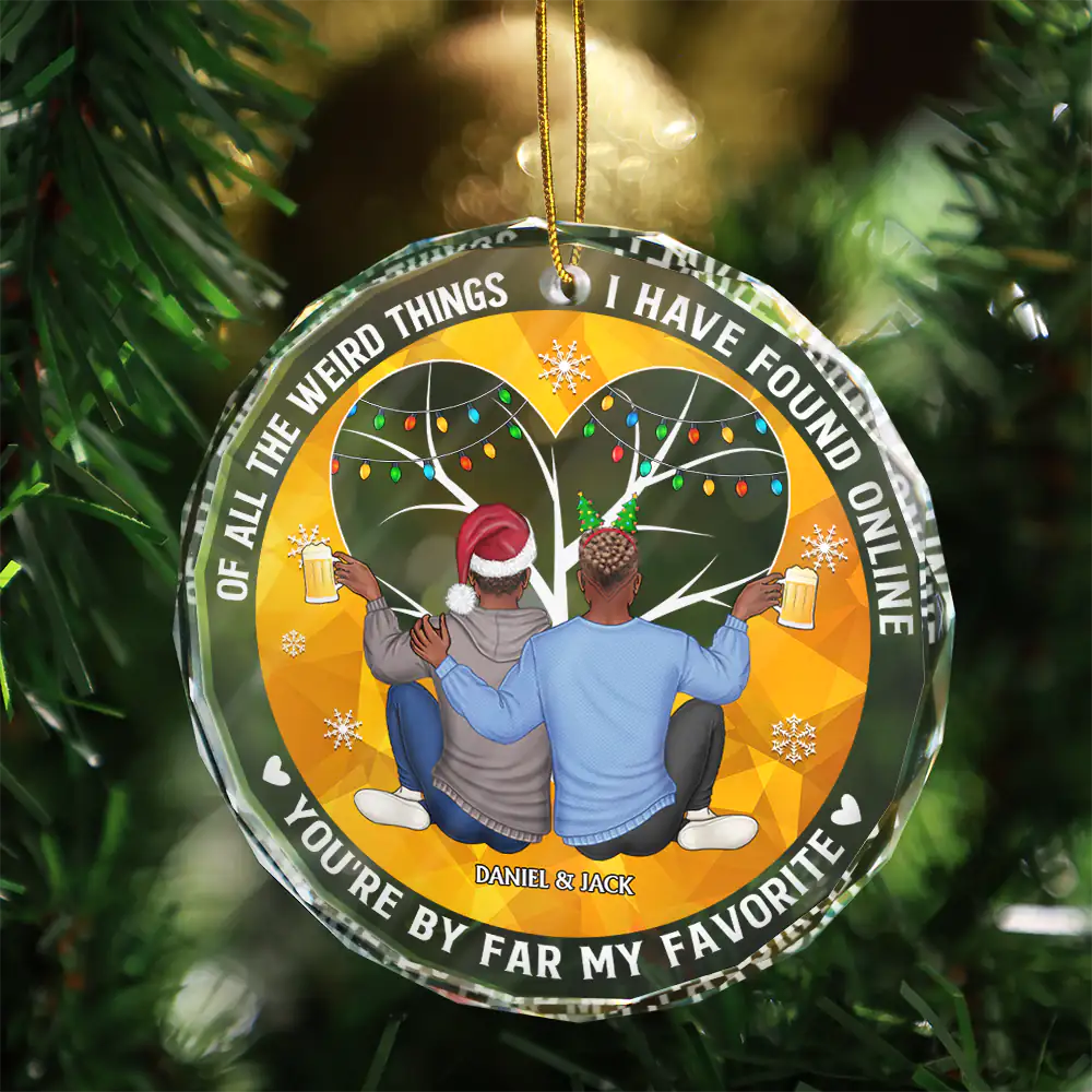 Of All The Weird Things Back View Couple - Personalized Circle Glass Ornament - Image 3