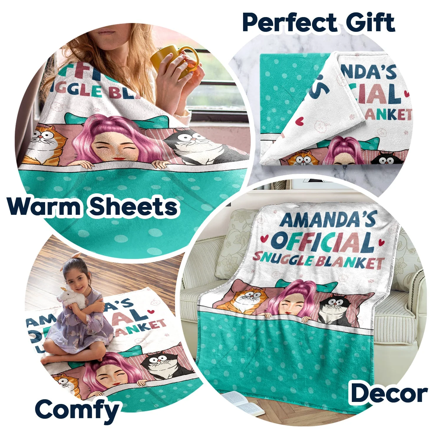Official Snuggle Blanket Funny Cartoon Cats - Gift For Cat Lovers, Cat Moms - Personalized Fleece Blanket - Image 5
