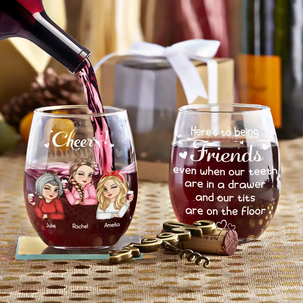 Old Bestie Here's To Being Friends - Personalized Stemless Wine Glass - Image 3
