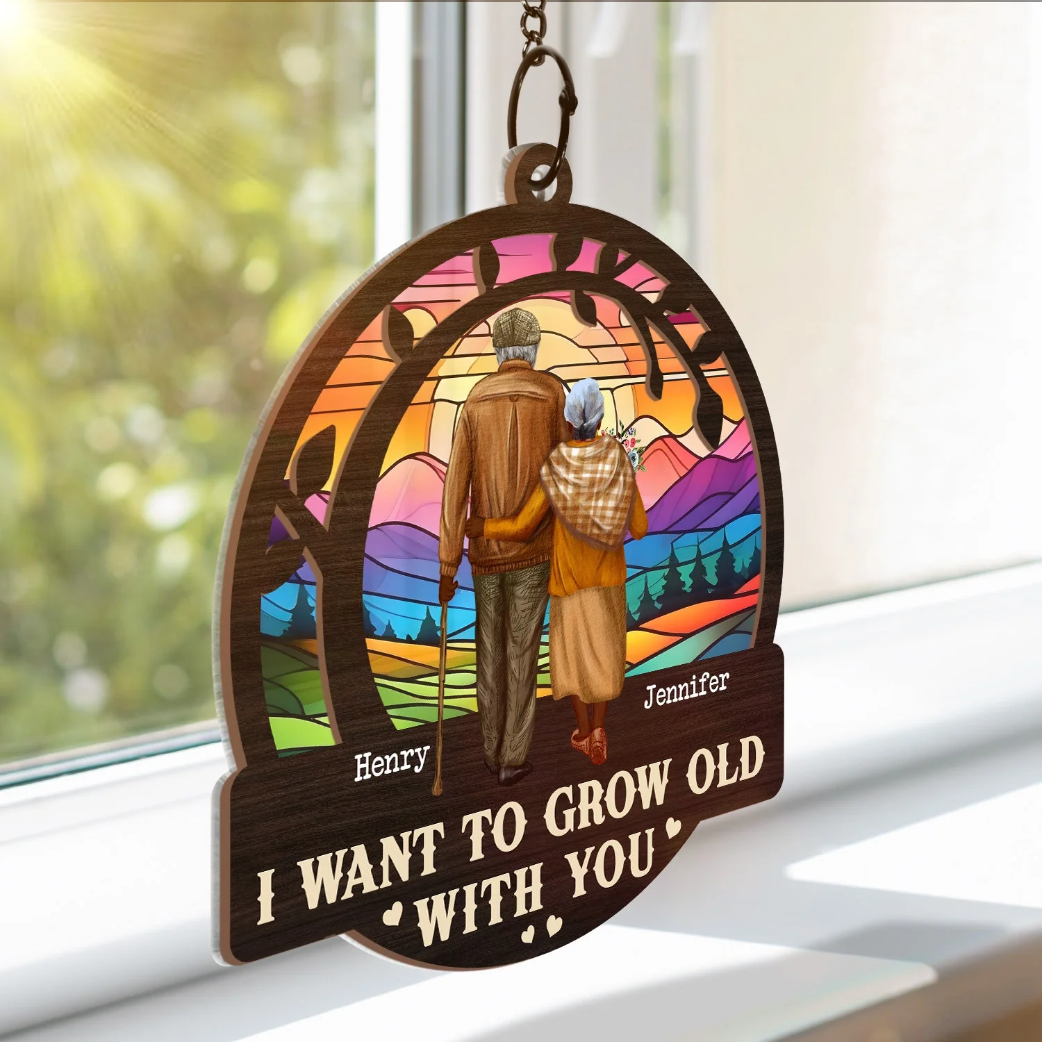 Old Couple From Our First Kiss - Personalized Window Hanging Suncatcher Ornament - Image 3