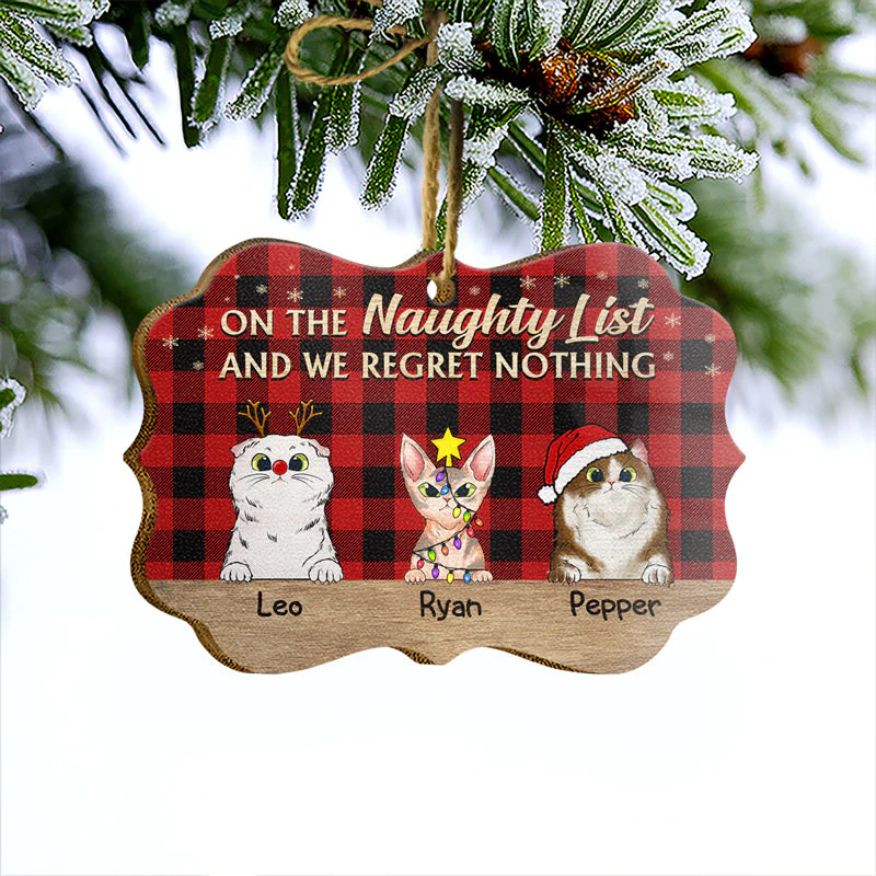 On The Naughty List Flannel Christmas Cat - Christmas Gift For Cat Lovers - Personalized Custom Wooden Ornament - Image 3