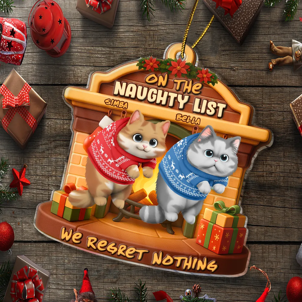 On The Naughty List We Regret Nothing 3D Effect Hanging Cat - Personalized Custom Shaped Acrylic Ornament - Image 5