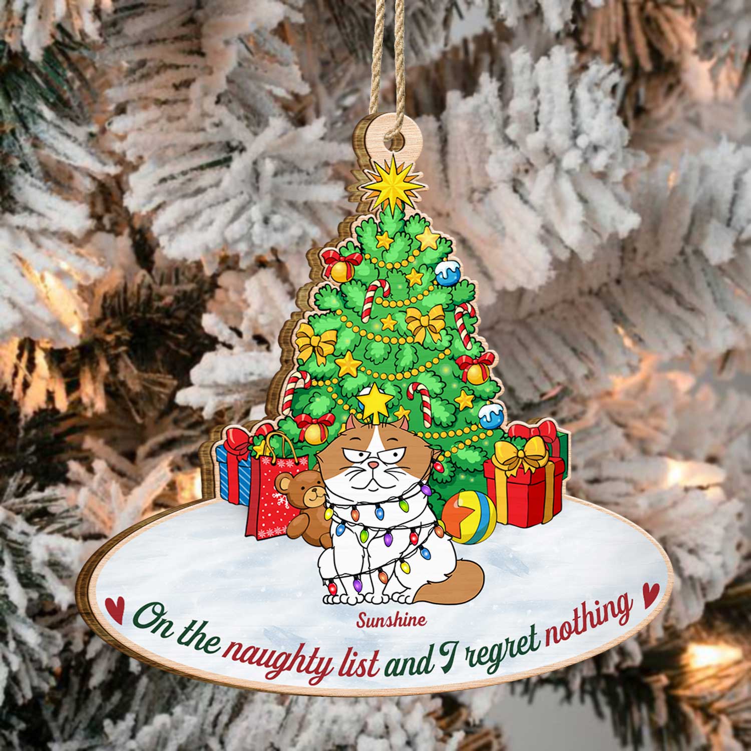 On The Naughty List & We Regret Nothing Funny Cartoon Cats - Christmas Gift For Cat Lovers - Personalized Custom Shaped Wooden Ornament - Image 5