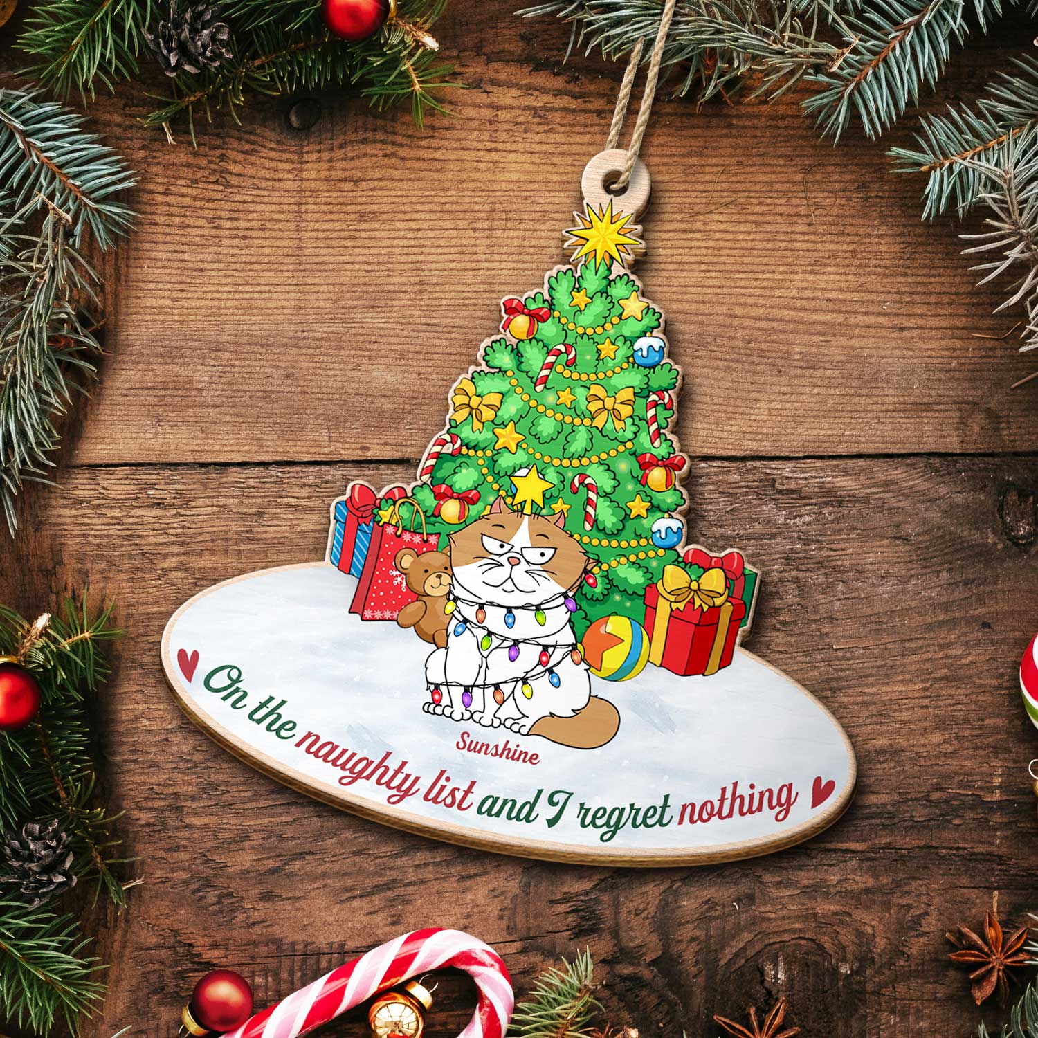 On The Naughty List & We Regret Nothing Funny Cartoon Cats - Christmas Gift For Cat Lovers - Personalized Custom Shaped Wooden Ornament - Image 6
