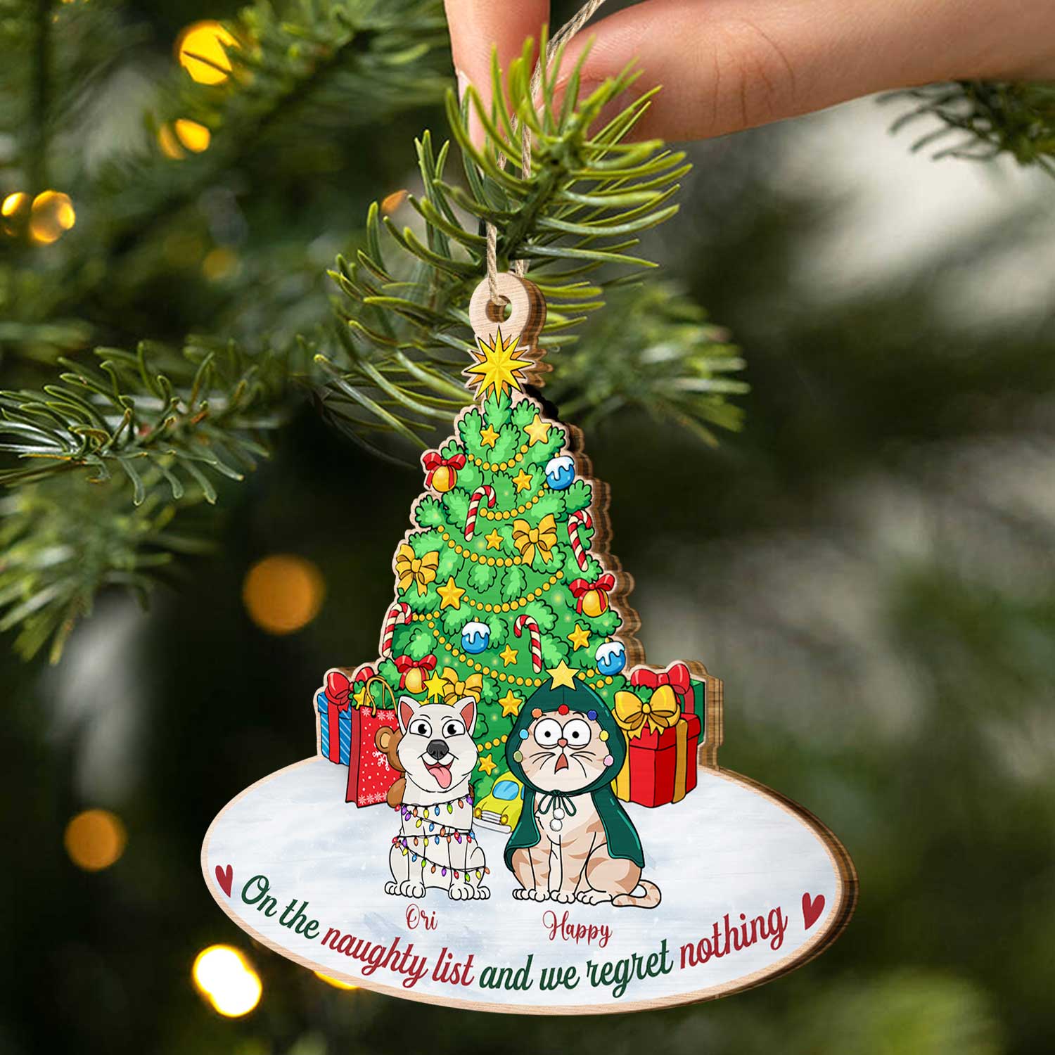 On The Naughty List & We Regret Nothing Funny Cartoon Dogs Cats - Christmas Gift For Pet Lovers - Personalized Custom Shaped Wooden Ornament - Image 2