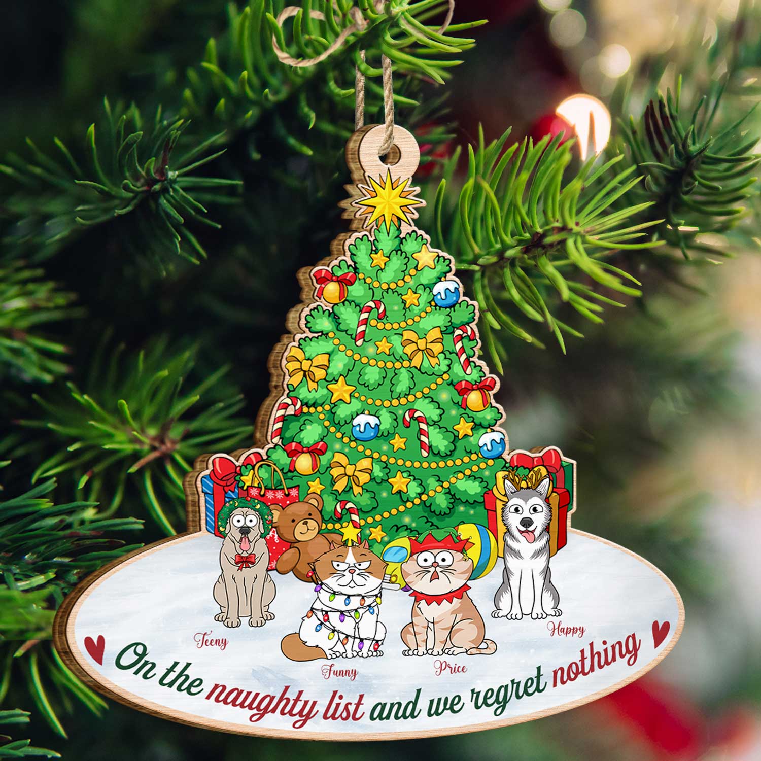 On The Naughty List & We Regret Nothing Funny Cartoon Dogs Cats - Christmas Gift For Pet Lovers - Personalized Custom Shaped Wooden Ornament - Image 3
