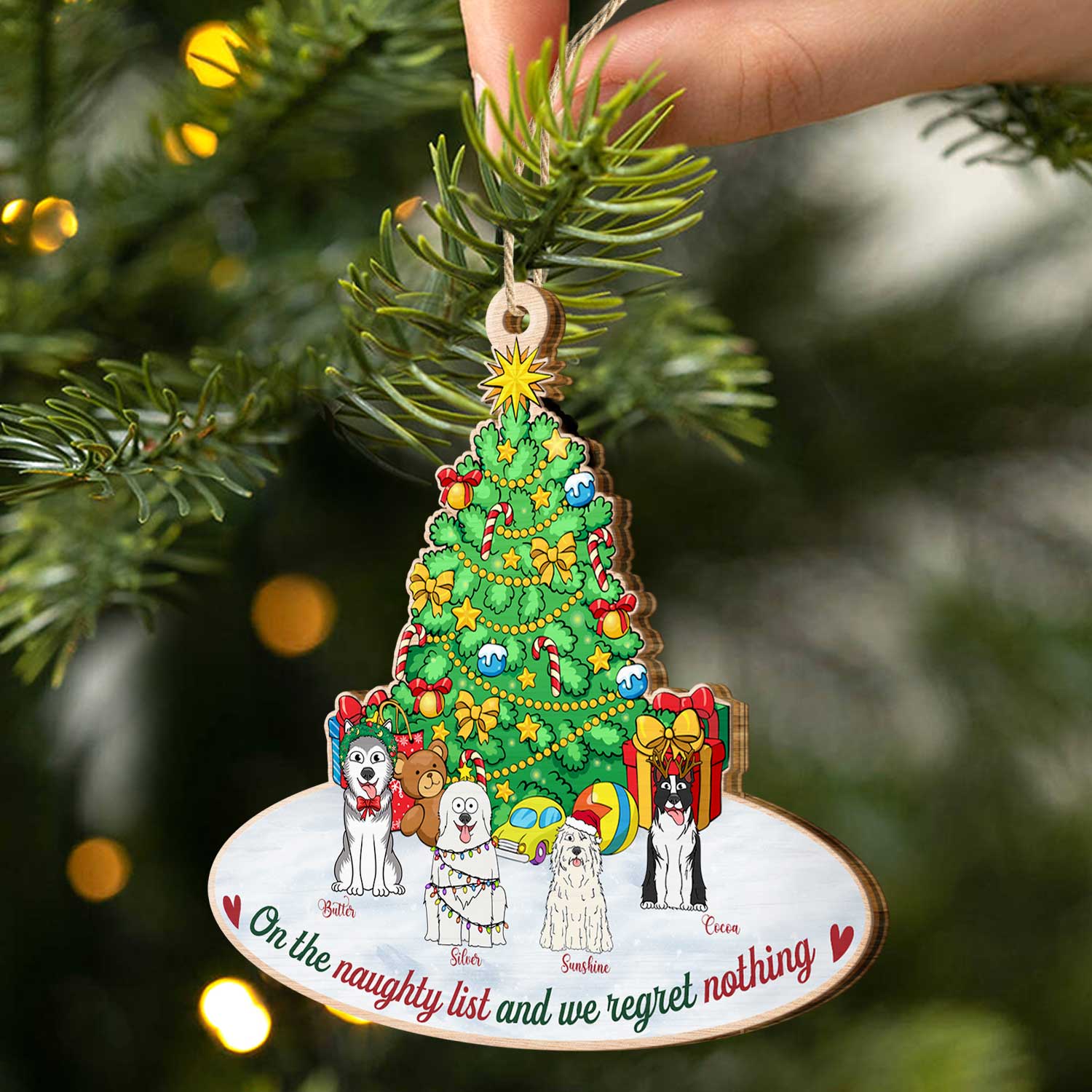 On The Naughty List & We Regret Nothing Funny Cartoon Dogs - Christmas Gift For Dog Lovers - Personalized Custom Shaped Wooden Ornament - Image 2