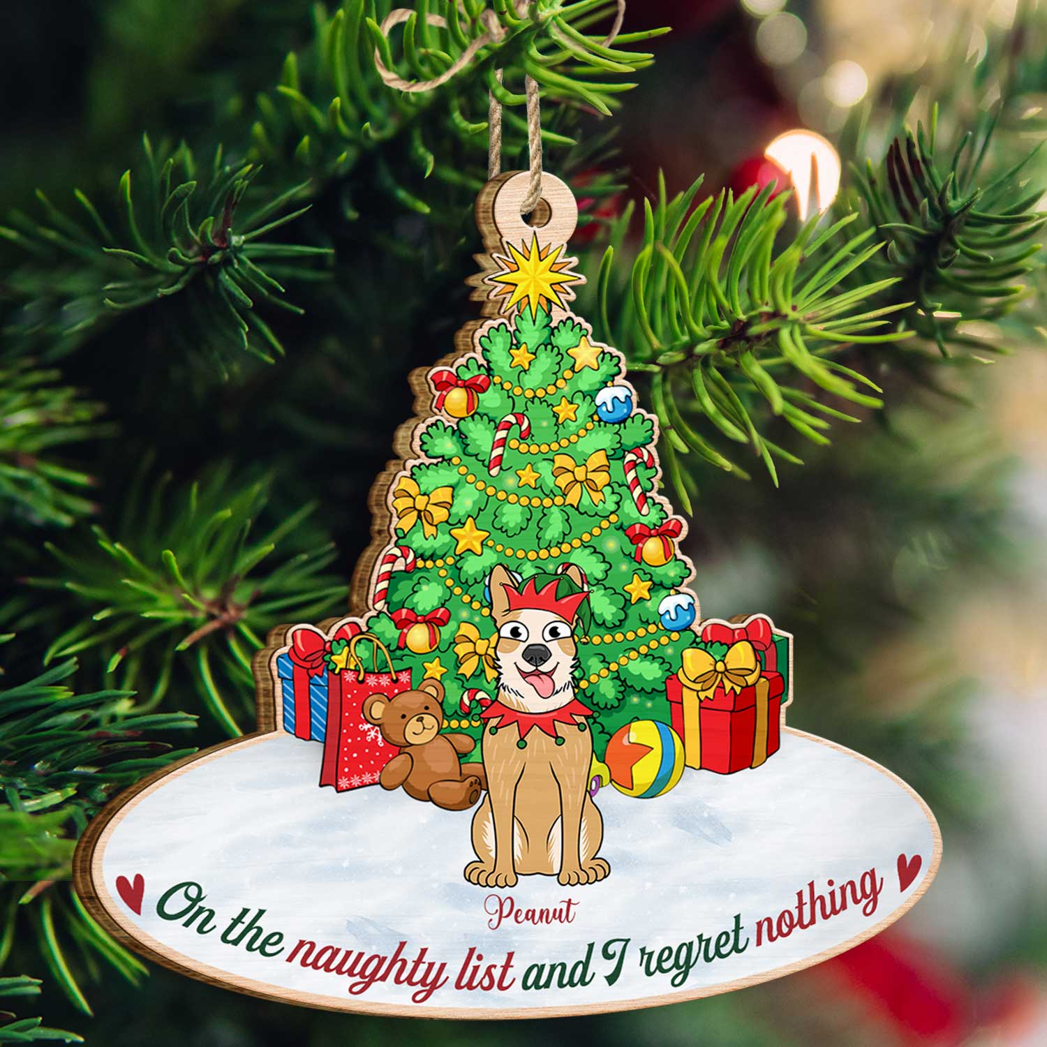 On The Naughty List & We Regret Nothing Funny Cartoon Dogs - Christmas Gift For Dog Lovers - Personalized Custom Shaped Wooden Ornament - Image 3