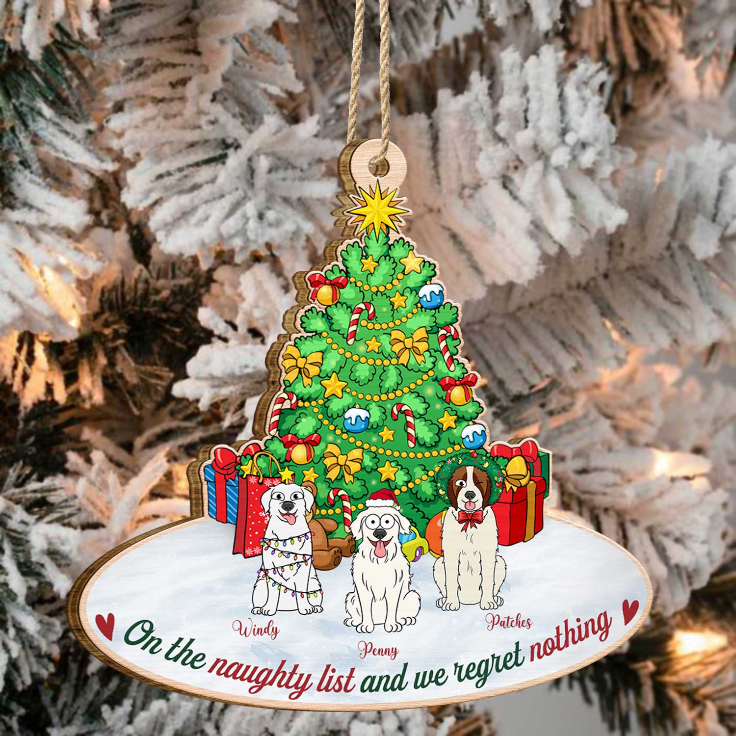 On The Naughty List & We Regret Nothing Funny Cartoon Dogs - Christmas Gift For Dog Lovers - Personalized Custom Shaped Wooden Ornament - Image 4