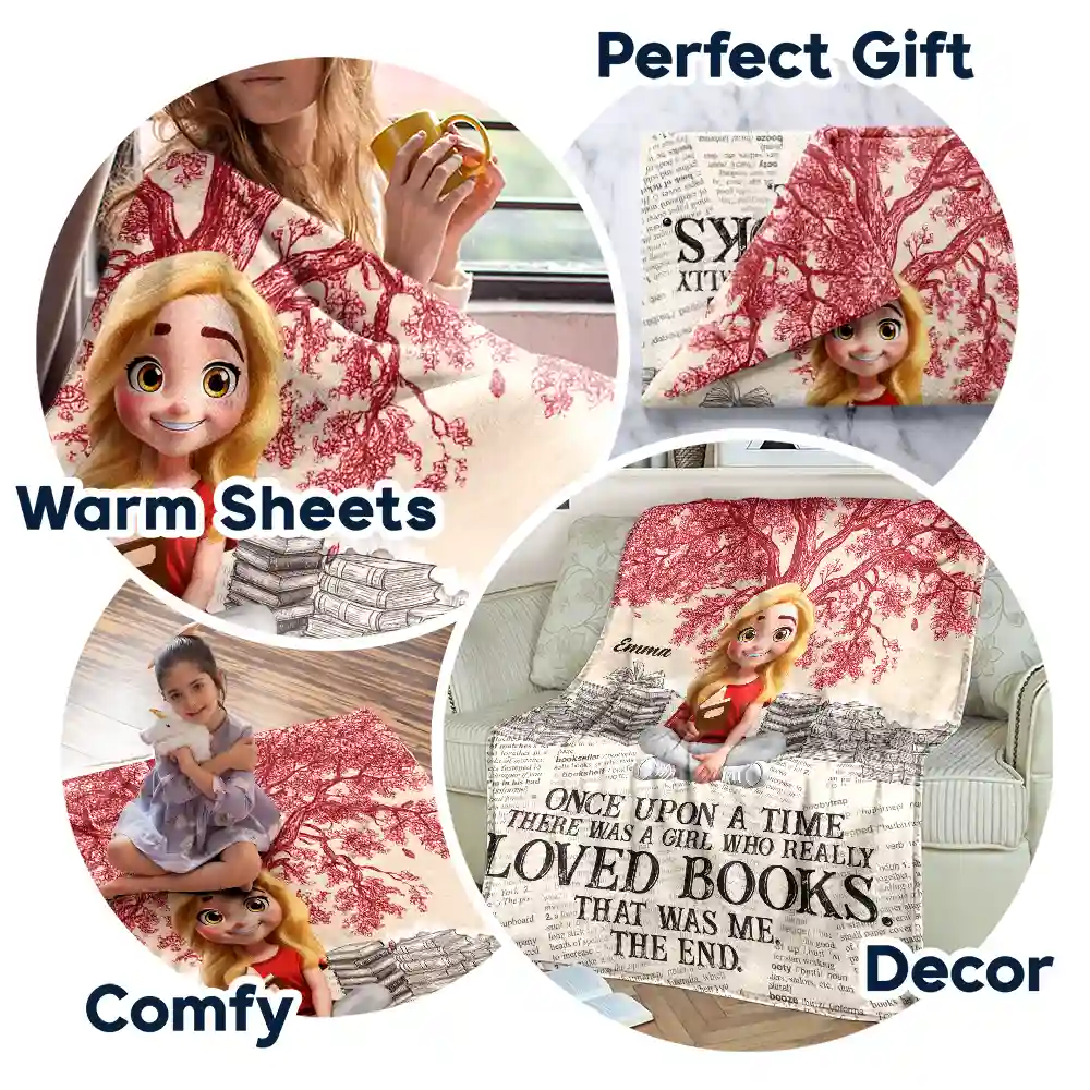 Once Upon A Time Reading Toile Background - Personalized Fleece Blanket, Sherpa Blanket - Image 7