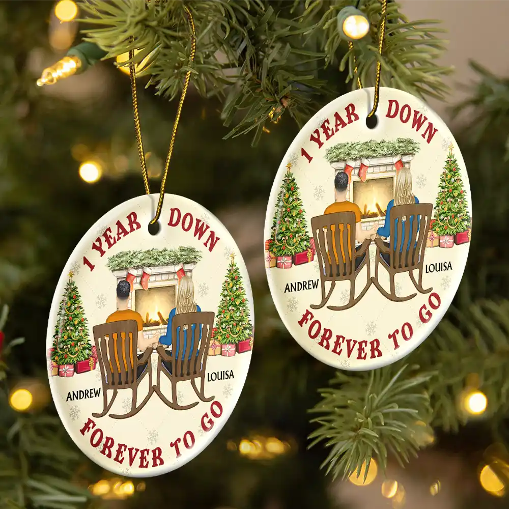 One Year Down Forever To Go Couple Anniversary - Personalized Circle Ceramic Ornament - Image 2