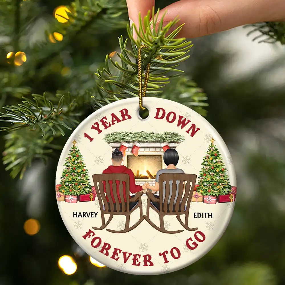 One Year Down Forever To Go Couple Anniversary - Personalized Circle Ceramic Ornament - Image 3