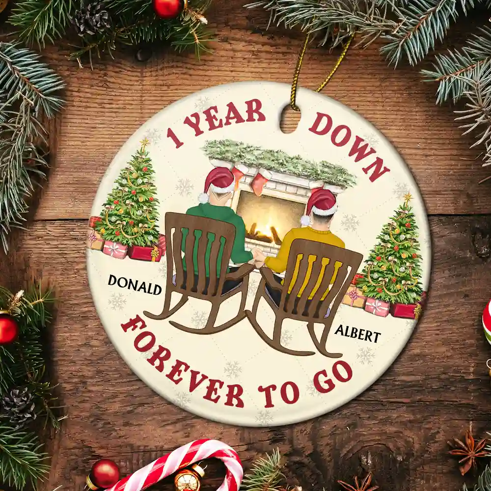 One Year Down Forever To Go Couple Anniversary - Personalized Circle Ceramic Ornament - Image 5