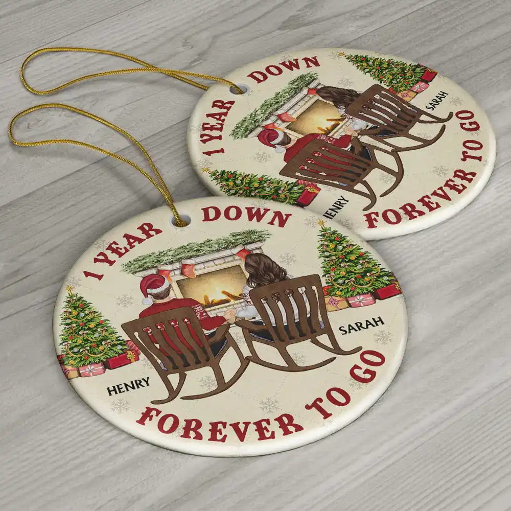 One Year Down Forever To Go Couple Anniversary - Personalized Circle Ceramic Ornament - Image 6