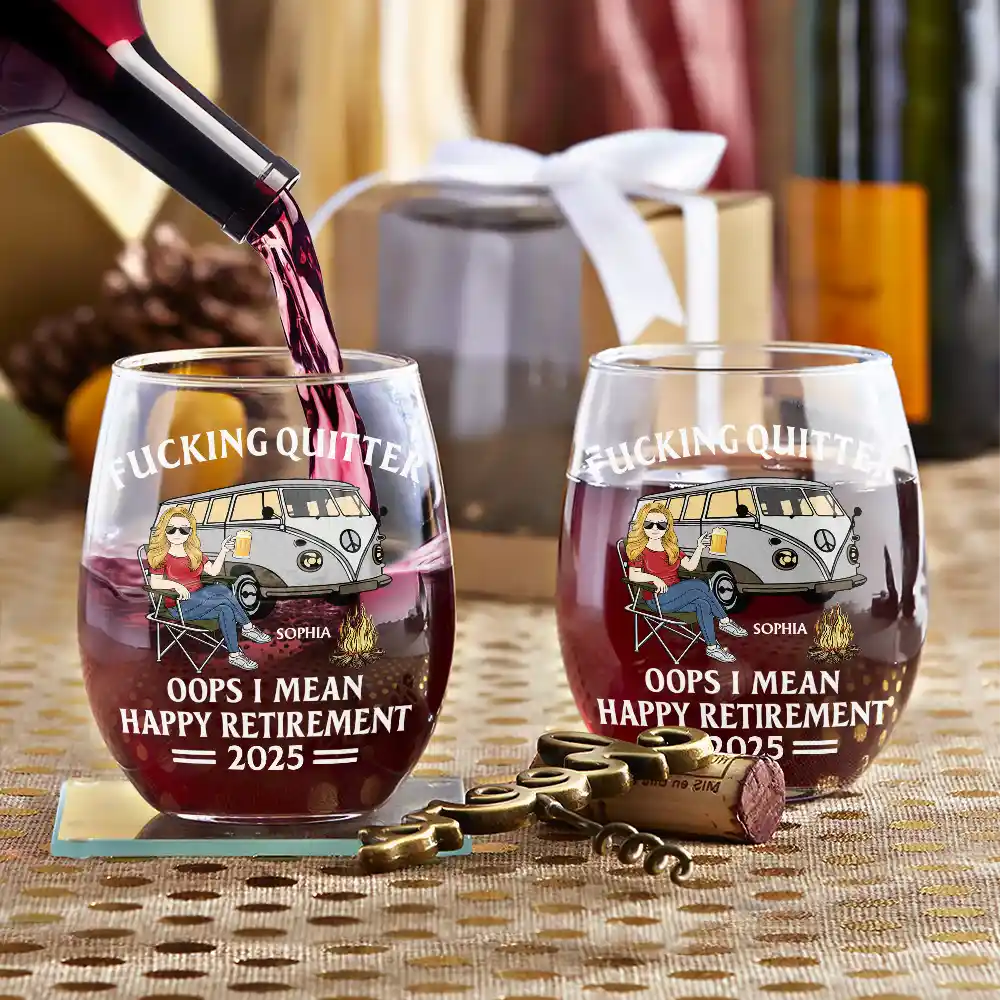 Oops I Mean Happy Retirement Camping - Personalized Stemless Wine Glass - Image 3