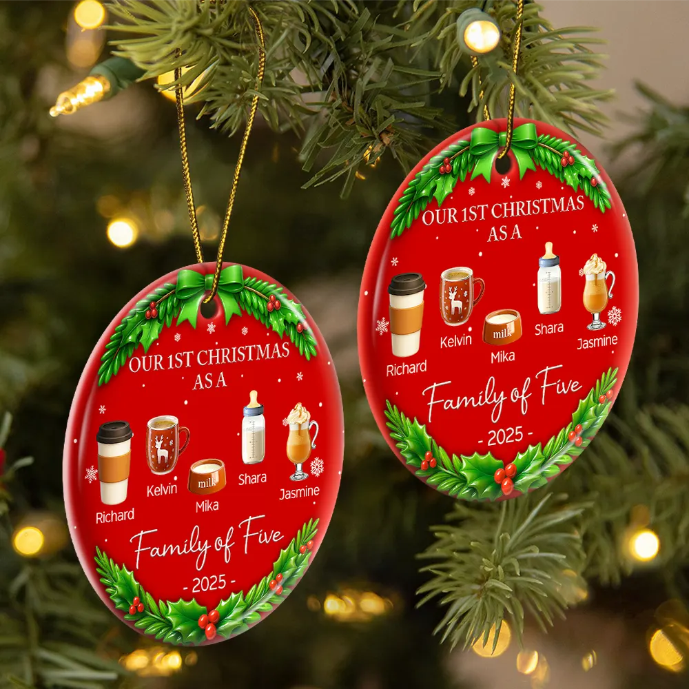 Our 1st Christmas As A Family Drinks - Personalized Circle Ceramic Ornament - Image 2