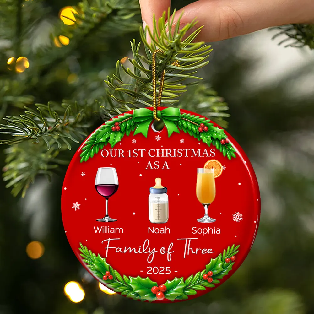 Our 1st Christmas As A Family Drinks - Personalized Circle Ceramic Ornament - Image 3