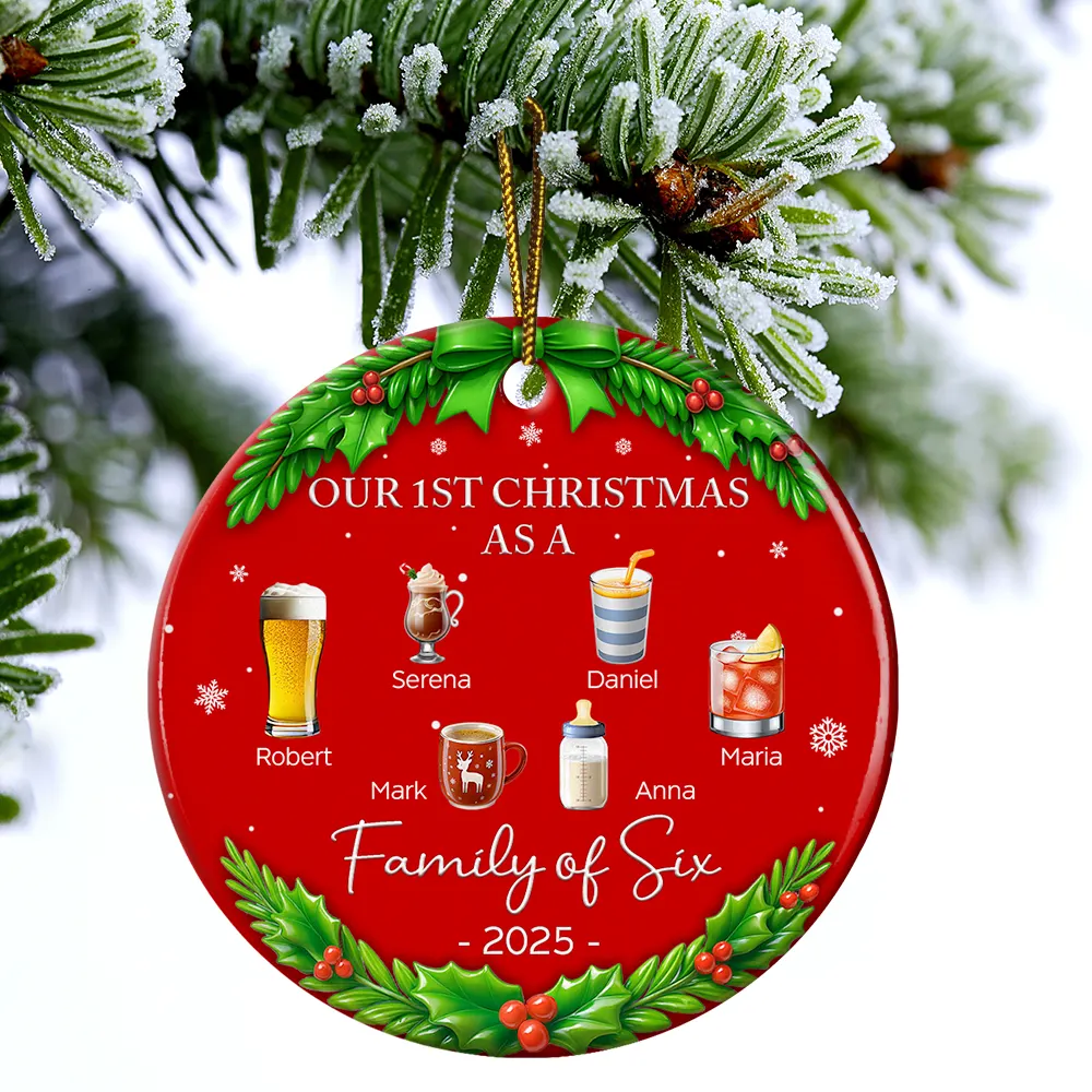 Our 1st Christmas As A Family Drinks - Personalized Circle Ceramic Ornament - Image 4