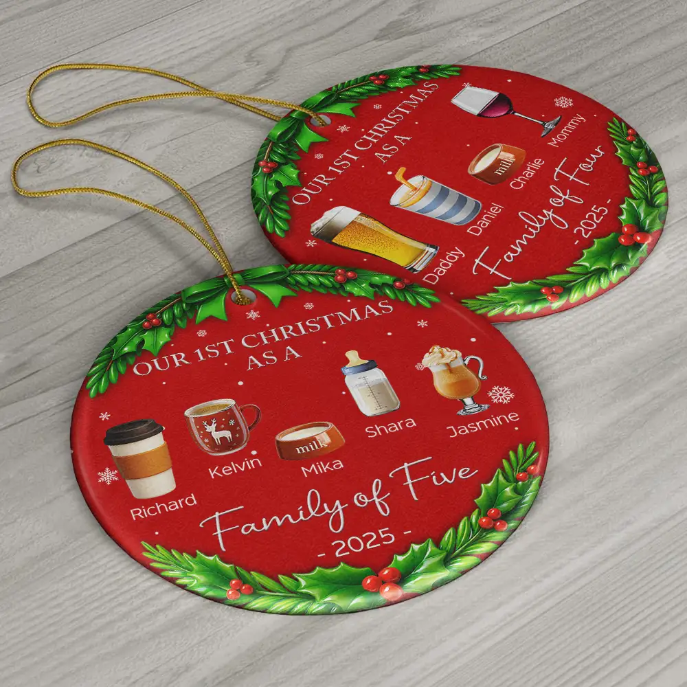 Our 1st Christmas As A Family Drinks - Personalized Circle Ceramic Ornament - Image 6