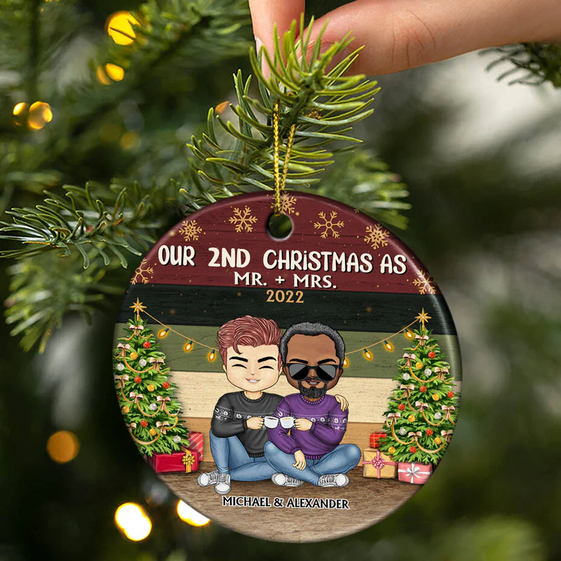 Our 1st Christmas As Mr And Mrs Chibi - Christmas Gift For Couples - Personalized Custom Circle Ceramic Ornament - Image 2