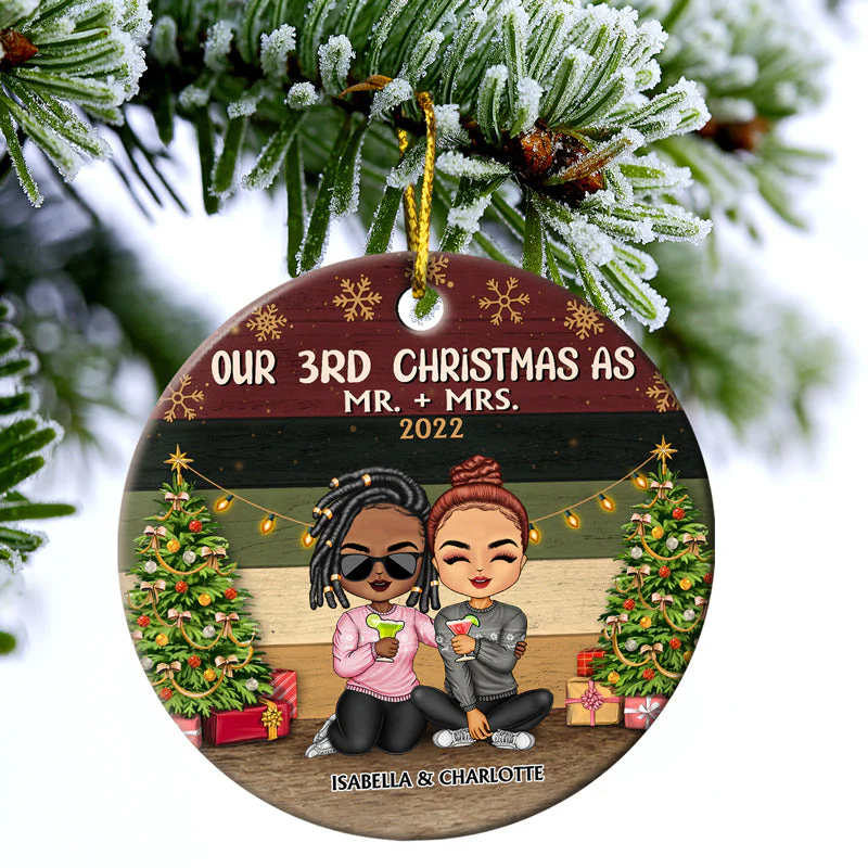 Our 1st Christmas As Mr And Mrs Chibi - Christmas Gift For Couples - Personalized Custom Circle Ceramic Ornament - Image 3