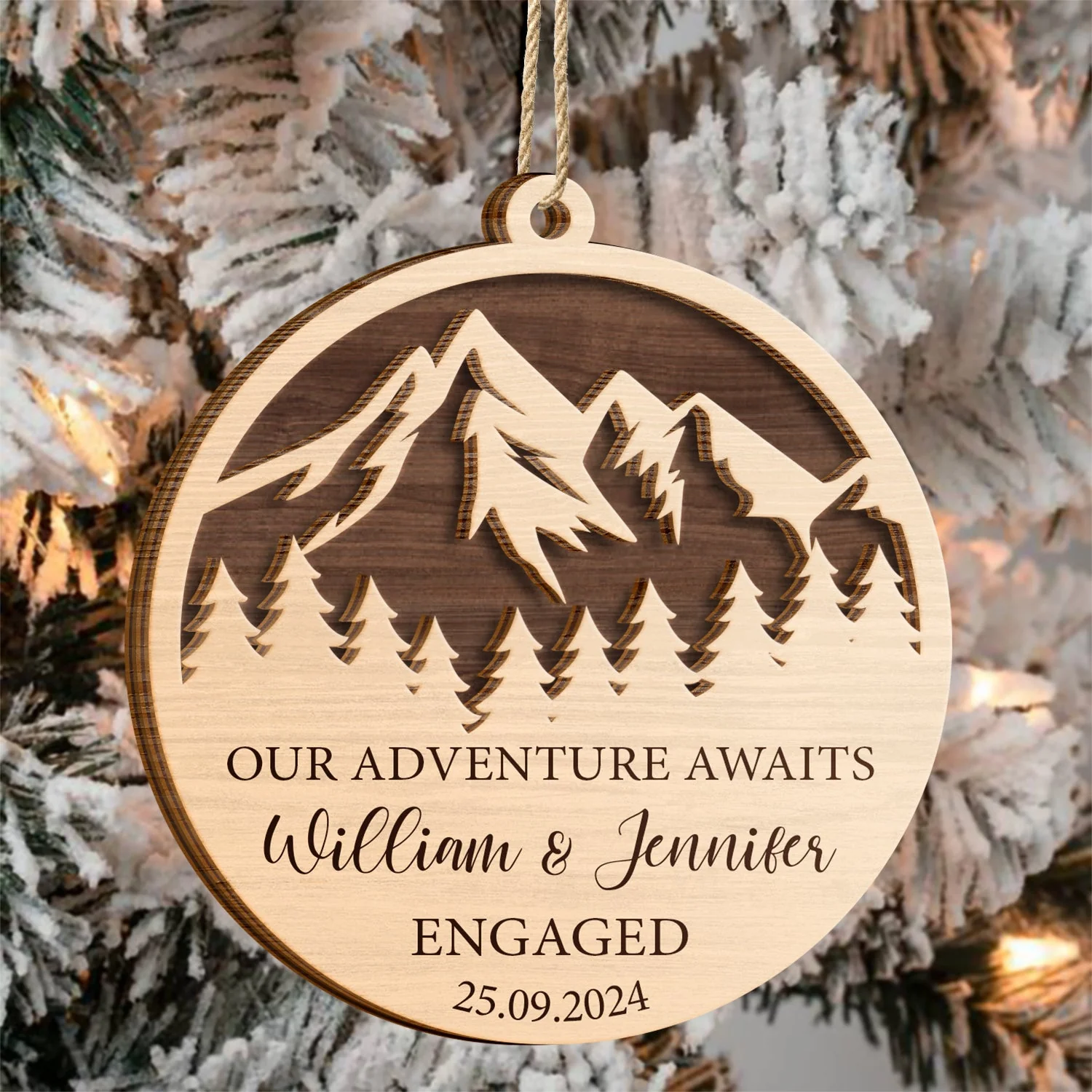 Our Adventure Awaits Engaged - Personalized 2-Layered Wooden Ornament - Image 3