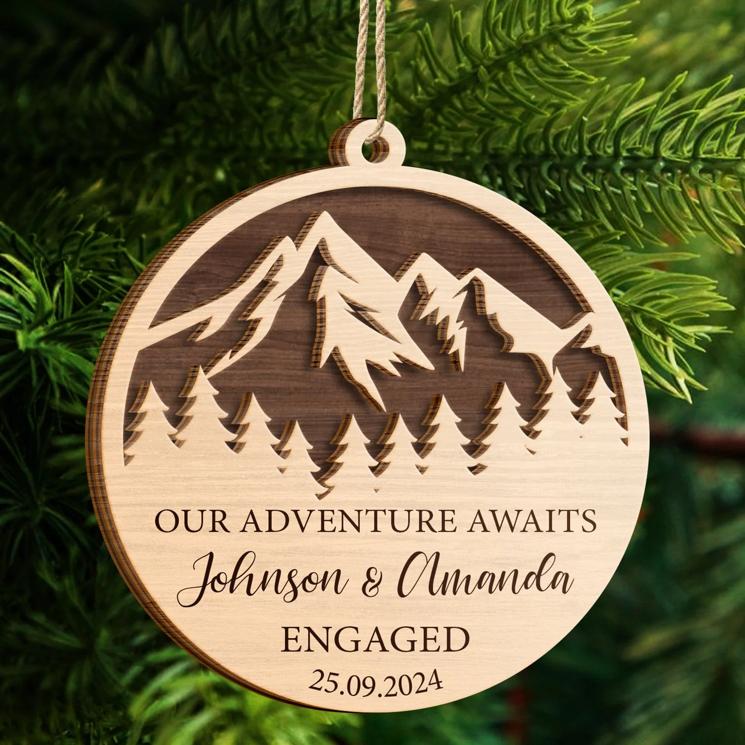 Our Adventure Awaits Engaged - Personalized 2-Layered Wooden Ornament - Image 4