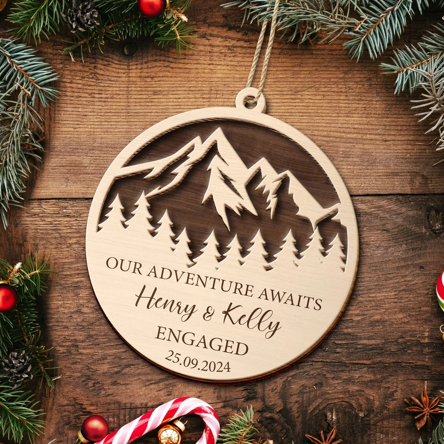 Our Adventure Awaits Engaged - Personalized 2-Layered Wooden Ornament - Image 5